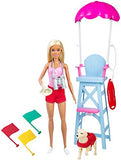 Barbie Lifeguard Playset, Blonde Doll (12-In/30.40-cm), Swim Outfit, Lifeguard Chair, Umbrella, Megaphone, Binoculars, 2 Flags, Dog Figure & More, Great Gift for Ages 3 & Up
