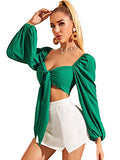 Romwe Women's Sweetheart Neck Tie Knot Front Long Sleeve Crop Tops Blouse Green Large