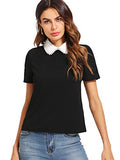 Romwe Women's Cute Contrast Collar Short Sleeve Casual Work Blouse Tops Beaded Black Small