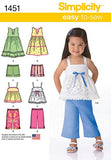Simplicity 1451 Easy to Sew Toddler Girl's Dress, Top, Cropped Pants, and Shorts Sewing Patterns, Sizes 1/2-4