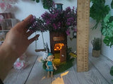 Miniature dwarf tree home with light open doors window swing scenery handnade ooak