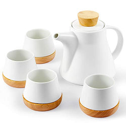 10-Piece Porcelain Ceramic Teapot Set with 4 Cups & 4 Wooden Coasters, Tea Set with Removable Stainless Steel Infuser for Loose Leaf & Blooming Tea, Gift Set, 750ml/25oz Teapot & 150ml/5oz Cups, White