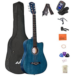 ADM Acoustic Guitar 38 Inch for Kids Beginner Adults Steel Strings Cutaway Wooden Acustica Guitarra Bundle Starter Kit with Free Learning Lessons Card, Gig Bag, Tuner, Strap, Picks, Capo etc, Blue