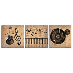 sechars 3 Piece Wall Art Vintage Music Note Painting Canvas Prints Abstract Guitar Piano Poster Artwork for Classroom Bedroom Room Wall Decorations Gallery Canvas Wrapped Each Panel 12x12inches