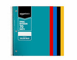 AmazonBasics College Ruled Wirebound Notebook, 70-Sheet, Assorted Solid Colors, 5-Pack