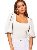 Romwe Women's Casual Puff Sleeve Square Neck Slim Fit Crop Tee Tops White Small