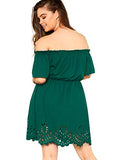 Romwe Women's Plus Size Off The Shoulder Hollowed Out Scallop Hem Party Short Dresses Green 0X Plus