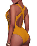 Holipick Women Yellow Sexy One Piece Swimsuits Lace up Plunge Monokini Criss Cross Bathing Suits Strappy Cross Back Swimwear L