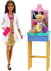 Barbie Pediatrician Playset, Brunette Doll (12-In/30.40-cm), Exam Table, X-Ray, Stethoscope, Tool, Clip Board, Patient Doll, Teddy Bear, Great Gift for Ages 3 Years Old & Up