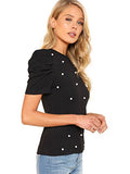 Romwe Women's Elegant Pearl Embellished Puff Short Sleeve Blouse Tops Black Large