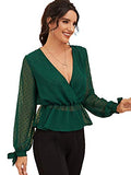 Romwe Women's Long Sleeve Deep V Neck Swiss Dot Ruffle Hem Knot Summer Blouse Top Green M