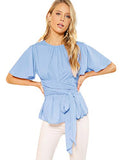 Romwe Women's Self Tie Wist Short Sleeve Casual Chiffon Blouse Tops Blue Large