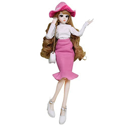 Proudoll 1/3 BJD Doll 60cm 24Inches Ball Jointed SD Dolls Move Joints Action Figures Caroline Hat Wig Long-Sleeve Shirt Skirt Crossbody Bag High Heel (Rose Red)