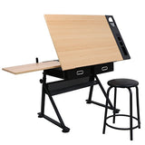 Saturnpower Drafting Table Height Angle Adjustable Drawing Table Tiltable Tabletop Art Craft Work Station w/Stool and 2 Storage Drawer Student Desk for Painting, Writing, and Art Craft Supplies