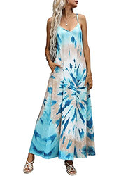 JSQTYSL Women's Summer Casual V Neck Floral Printed Bohemian Spaghetti Strap Tie Dye Long Maxi Dress with Pockets Plus Size XL Blue