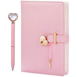 Heart Shaped Lock Diary with Key&Heart Diamond Pen,PU Leather Cover,A5,Journal Secret Notebook Gift for Women Girls (A5(8.5"*5.7"), Pink)