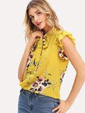 Romwe Women's Floral Casual Short Sleeve Ruffle Trim Bow Tie Blouse Top Shirts Yellow XL