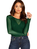 Romwe Women's Sheer Mesh Slim Fit Top Long Sleeve See Through Tee Blouse (X-Large, Green)