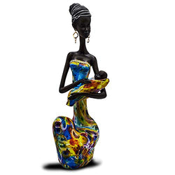 Statue African Figurine Sculpture Colorful Dress Holding Baby Lady Figurine Statue Decor Collectible Art Piece 15.5 " Inches Tall Flower Dress Tropical Body Sculptures Decorative Black Figurine