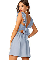 Romwe Women's Cute Tie Back Ruffle Strap A Line Fit and Flare Flowy Short Dress Pastel-Blue Medium