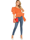 Romwe Women's One Shoulder Short Puff Sleeve Self Belted Solid Blouse Top Orange X-Large