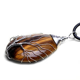 HongJinTian Wire Wrapped Tree of Life Natural Grown Tiger Eye Gemstone Teardrop Pendant Necklace