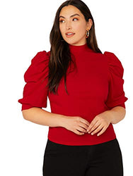 Romwe Women's Plus Size Elegant Mock Neck Puff Short Sleeve Casual Blouse Tops Red 3X Plus