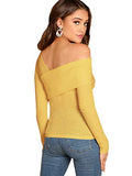 Romwe Women's Slim Cross Wrap Asymmetrical Neck Solid Ribbed Knit Tee Shirt Blouse Yellow X-Large
