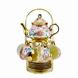 20 Pieces Porcelain Tea Set With Metal Holder, European Ceramic tea set for adults,Flower Tea Set,Tea Set For Women With Flower Painting (Large version, Pink)