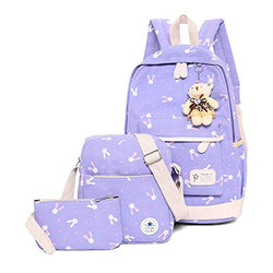 3Pcs Bunny Prints Canvas Elementary School Rucksack Backpack Set for Girls Women Casual Daypack