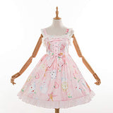 Smiling Angel Sweet Lolita Printed Rabbit Dress Sleeveless Chiffon Lace JSK Princess Dress (Pink, L-XL)