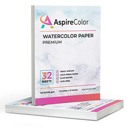 New AspireColor Watercolor Paper 140 lb Cold Press 9x12 Inch, Pack of 2, 64 Sheets (140lb/300gsm) - Heavy Weight Watercolor Sketchbook Paper for Painting, Watercolor, Mixed Media with Easy-Tear Sheets