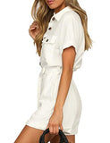 GRAPENT Women's Ivory Summer Casual Short Sleeves Button Down Pocket Belted Jumpsuits Rompers Size Medium (Fits US 8-10)