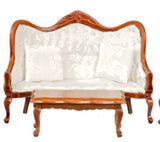 Dollhouse Miniature Victorian White Living Room Furniture Set Walnut Sofa