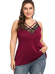 Romwe Women's Plus Size Contrast Lace Criss Cross V Neck Spaghetti Strap Cami Tank Top Red 1X