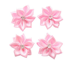 YAKA 60pcs Pink Satin Ribbon Flowers Bows Rose w/Rhinestone Appliques Craft Wedding Ornament