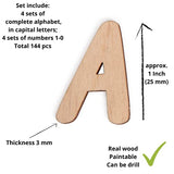 uVeans 1 Inch Wooden Craft Letters and Numbers - Natural Wood Alphabet Capital Letters - Cutout Wooden Letters and Numbers for Home Decor and Kids Learning - Paintable Letters, 144 pcs