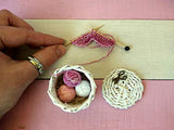 Miniature knitting basket with lid and supplies – yarn and needles in scale 1:6 by Lenas dolls world