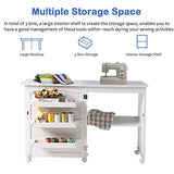 Folding Wood Sewing Table Sewing Machine Craft Cart Cabinets Clearance with Storage Shelves Bins and Lockable Casters for Home(White)