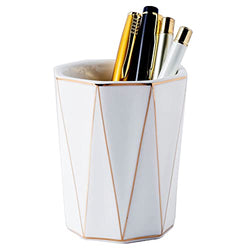 YOSCO Ceramic Cute Geometric Pen Holder With Gold Line Stand Pencil Cup Pot Desk Organizer Makeup Brush Holder (White)