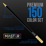 Master 150 Colored Pencil Mega Tin Set with Premium Soft Thick Core Vibrant Color Leads with 4 Different Sketching & Drawing Paper Pads - Artist Art Blending, Shading, Layering, Adult Coloring Books