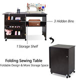Folding Sewing Table Multifunctional Sewing Machine Cart Table Sewing Craft Cabinet Table with Storage Shelves Portable Rolling Sewing Desk Computer Desk with Lockable Casters(Brown)