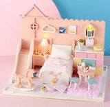 LFHT DIY Dollhouse Miniature Kit with LED Light & Furniture, 3D Wooden Miniature House with Dust Cover Pink Pricess Fancy Bedroom Kit Toy Home Decoration
