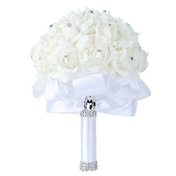 Wedding Bouquet, Febou Big Size White Bridesmaid Bouquet Bridal Bouquet with Crystals Soft Ribbons,