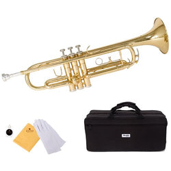 Mendini by Cecilio Gold Trumpet Brass Standard Bb Trumpet, Student Beginner with Hard Case, Gloves, 7C Mouthpiece, and Valve Oil