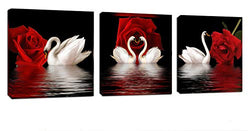 Amoy Art -3 Panels Beautiful Romantic Swans Art Print on Canvas Red Rose Flowers Wall Art Decor Stretched Frames for Bedroom Bathroom Ready to Hang