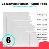Chalkola Paint Canvas Panels Variety Pack | 4x6, 5x7, 8x10, 9x12, 11x14, 12x16 inch (4 each, 24 Pack) for Acrylic Painting & Oil Art, Primed 100% Cotton Boards, Acid-Free for Artists, Kids & Beginners