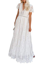 Bdcoco Women's V Neck Floral Lace Wedding Dress Short Sleeve Bridesmaid Evening Party Maxi Dress White