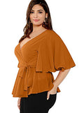 Romwe Women's Plus Size Short Sleeve Deep V Neck Self Belted Casual Peplum Wrap Blouse Orange 2XL