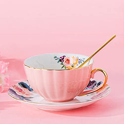 JOYOFUN Pink Tea Cup and Saucer,Porcelain Coffee Cup Royal Ceramic Floral Lined Teacup with Gold Trim and Spoon,8 oz Vintage British Cup for Latte,Cappuccino,Tea Sets Gift,Mother's Day Birthday Gift